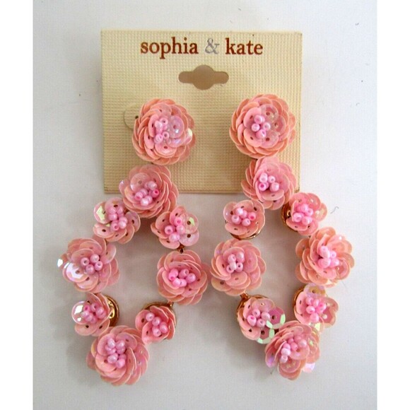 Sophia & Kate Earrings Pink Floral Statement Sequin Faux Seed Pearls Studs NWT - Picture 1 of 3